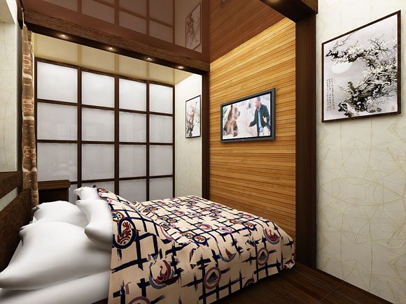 «Глухая» спальня с глянцевым потолком и имитированным окном, сделанного из матового стекла.