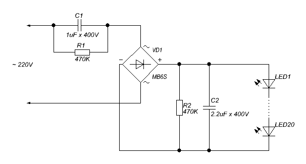 Схема светодиодной лампы на 220в