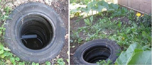 Один из вариантов дренажного колодца - из старых автопокрышек