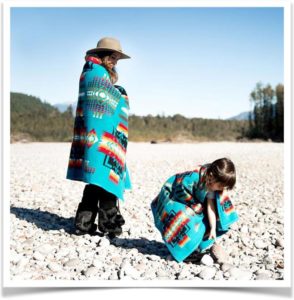 Мама с дочкой гуляют на природе укрывшись одеялом